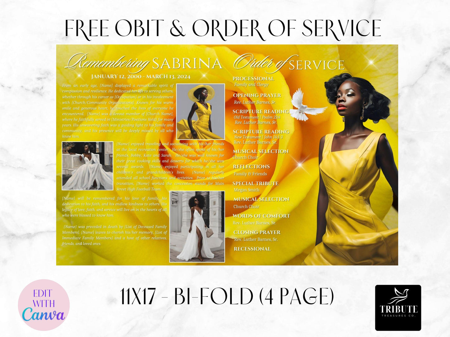 Editable Canva Funeral Program Template | Yellow Rose | 4-Page 11X17 Bi-fold | Memorial Keepsake | Rest in Peace | Canva Template