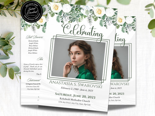 8-Page | 5.5"x8.5" Bi-fold Funeral Program Book Design | Floral Themed | Obituary Book | Memorial Keepsake | Canva Template | #022