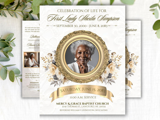 Editable Canva Funeral Program Template | Floral Silver & Gold | 4-Page 8.5x11 Bi-fold | Memorial Keepsake | Rest in Peace | Canva Template | #077