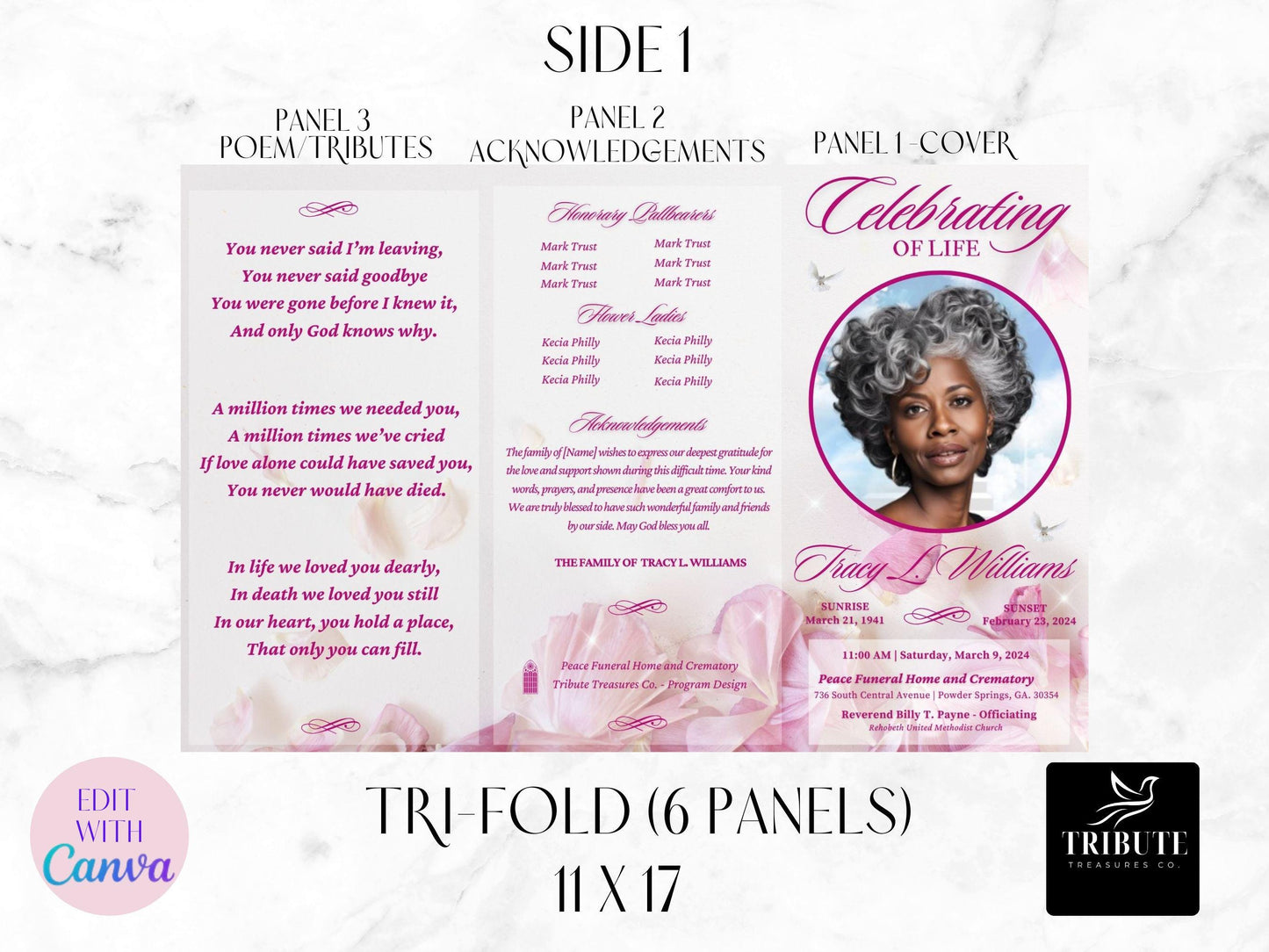 Editable Funeral, Obituary Program Template - Beautiful Pink Flowers Memorial Program - Personalized Order of Service | 11X17 Trifold