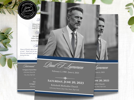 4-Page | 8.5x11 Bi-fold Funeral Program Book Design | Grey and Blue Obit Template | Obituary Book| Memorial Keepsake | Canva Template | #082
