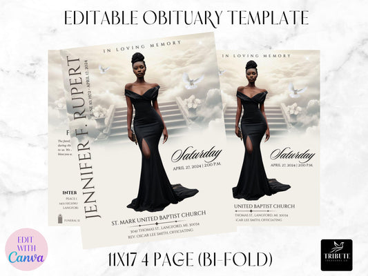 Elegant Cream & Black| Memorial Funeral Program - 11X17 Bi-Fold| 4-page Obit | Memorial Keepsake | Obituary Book | Canva Template | #029