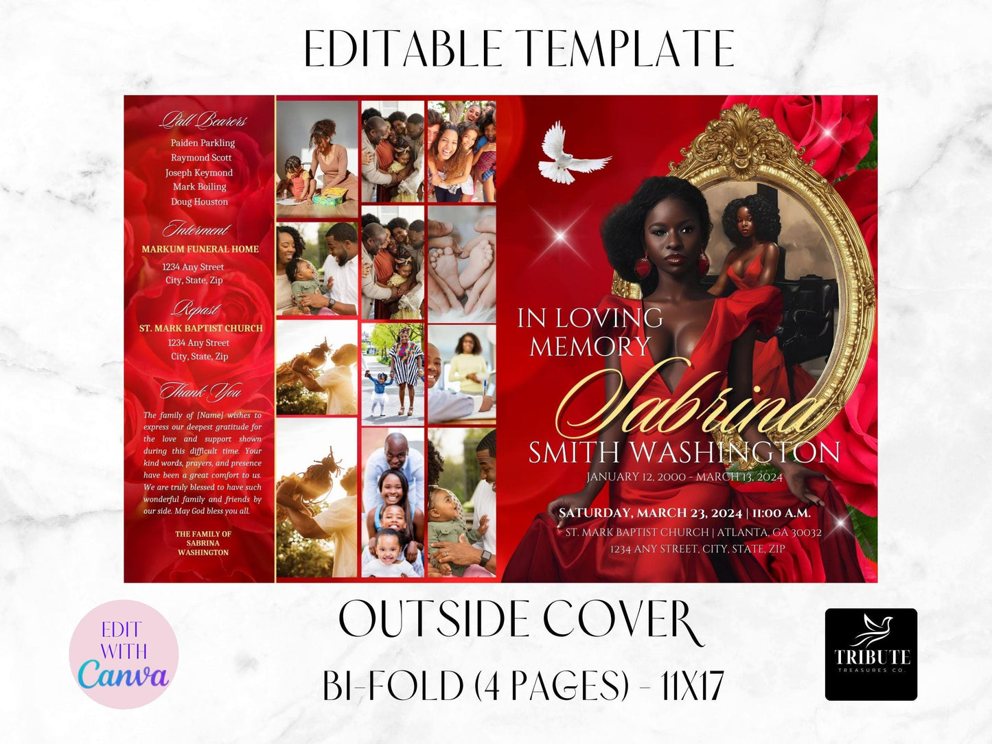 Editable Canva Funeral Program Template | Red Rose | 4-Page 11X17 Bi-fold | Memorial Keepsake | Rest in Peace | Canva Template