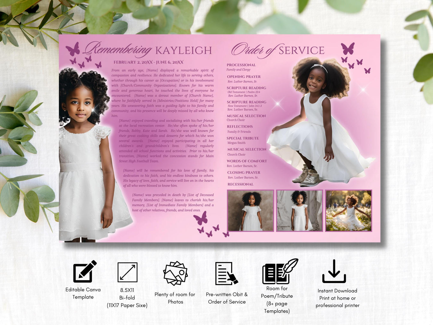 4-Page | 8.5x11 Bi-fold Funeral Program BOOKLET | Youth Pink and Purple | Obituary Book| Memorial Keepsake | Canva Template