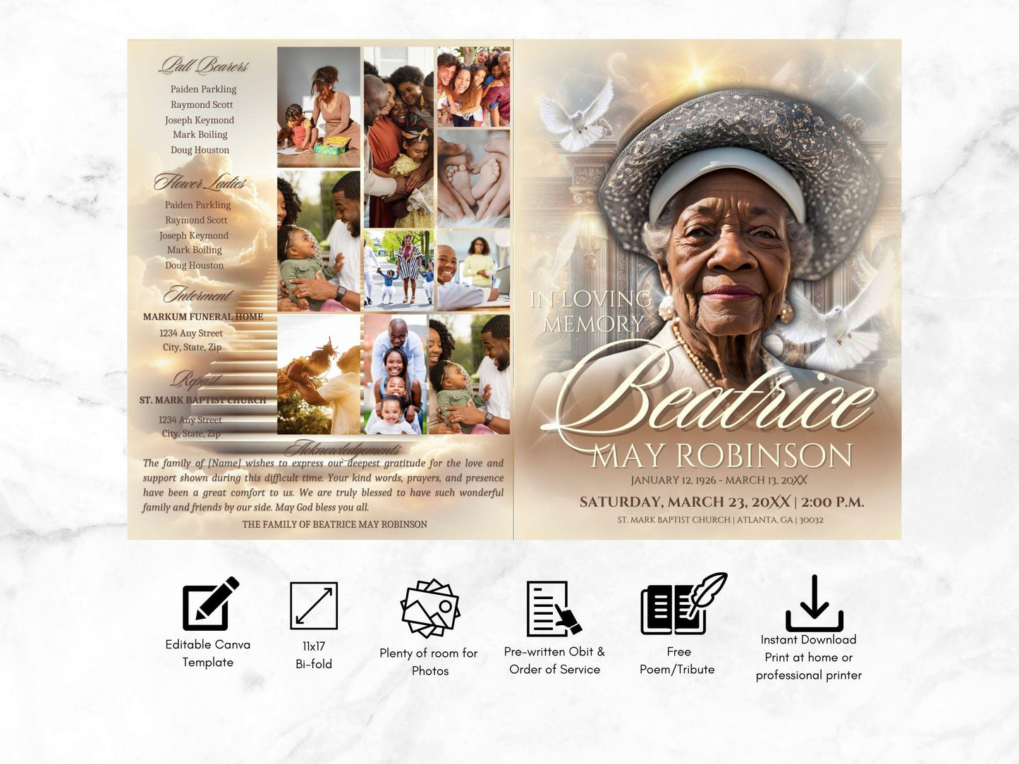 4-Page | 8.5"X11" Bi-fold Funeral Program Booklet | Heaven's Gate | Obituary Book| Memorial Keepsake | Canva Template | Instant Download