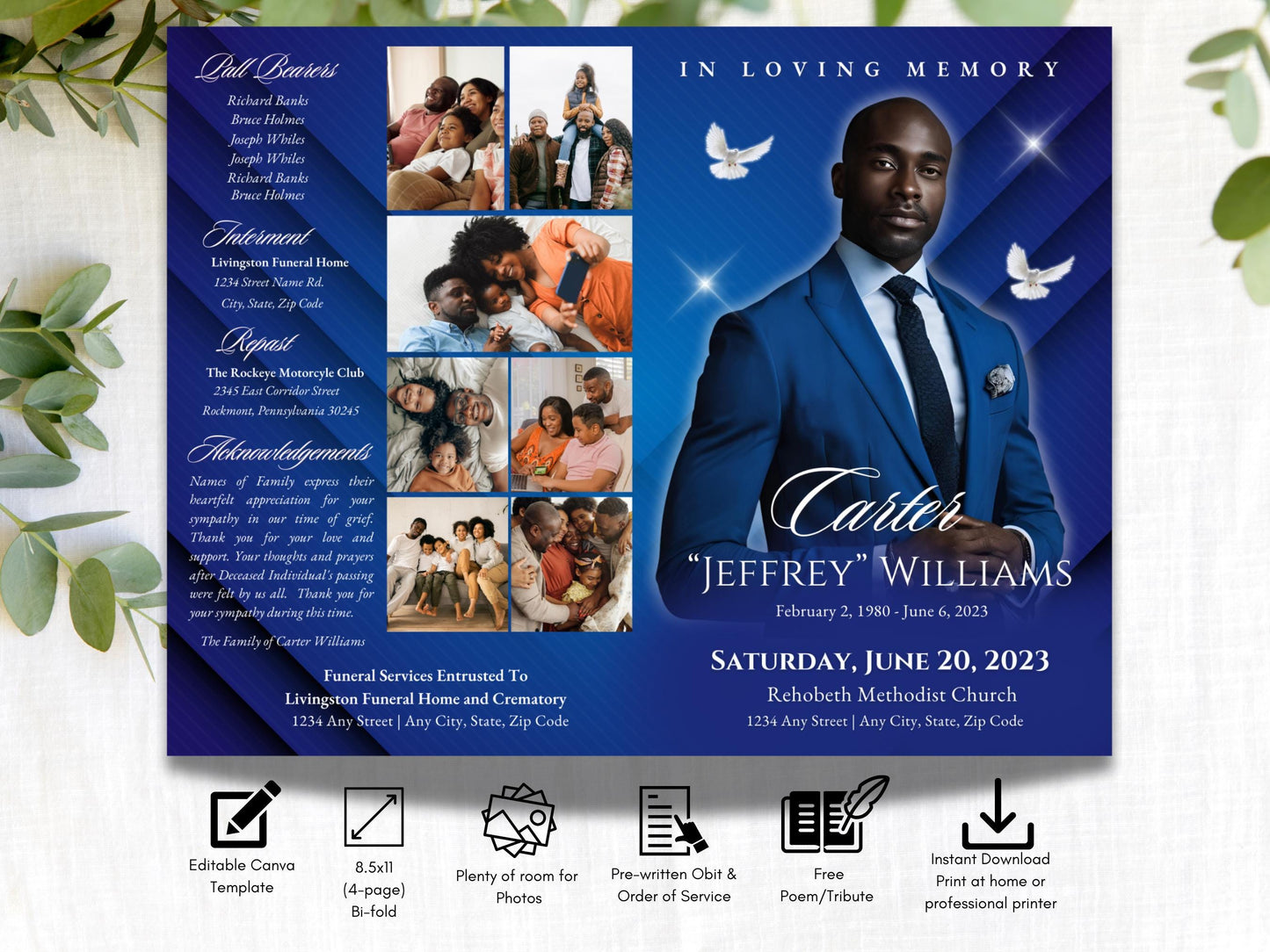 4-Page | 5.5"x8.5" Bi-fold Funeral Program Book Design | Blue themed Obituary | Obituary Book| Memorial Keepsake | Canva Template