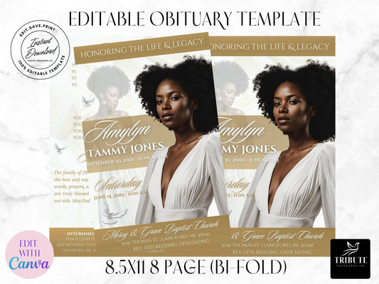 Editable Canva Funeral Program Template | White and Gold | 8-Page 8.5x11 Bi-fold | Memorial Keepsake | Rest in Peace | Canva Template