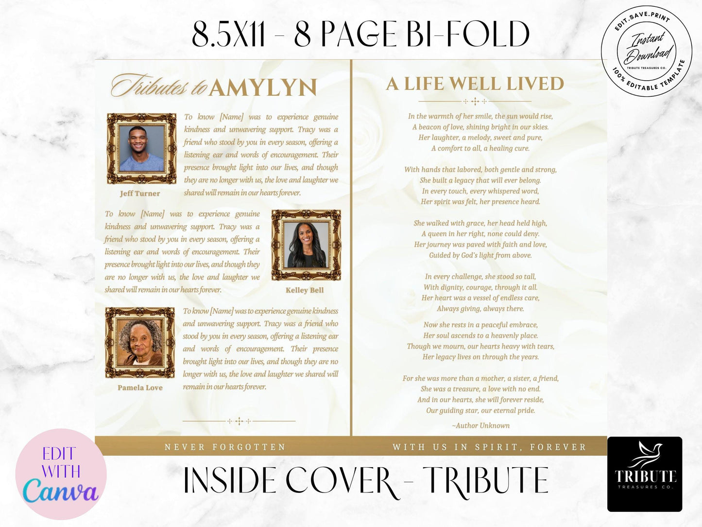 Editable Canva Funeral Program Template | White and Gold | 8-Page 8.5x11 Bi-fold | Memorial Keepsake | Rest in Peace | Canva Template