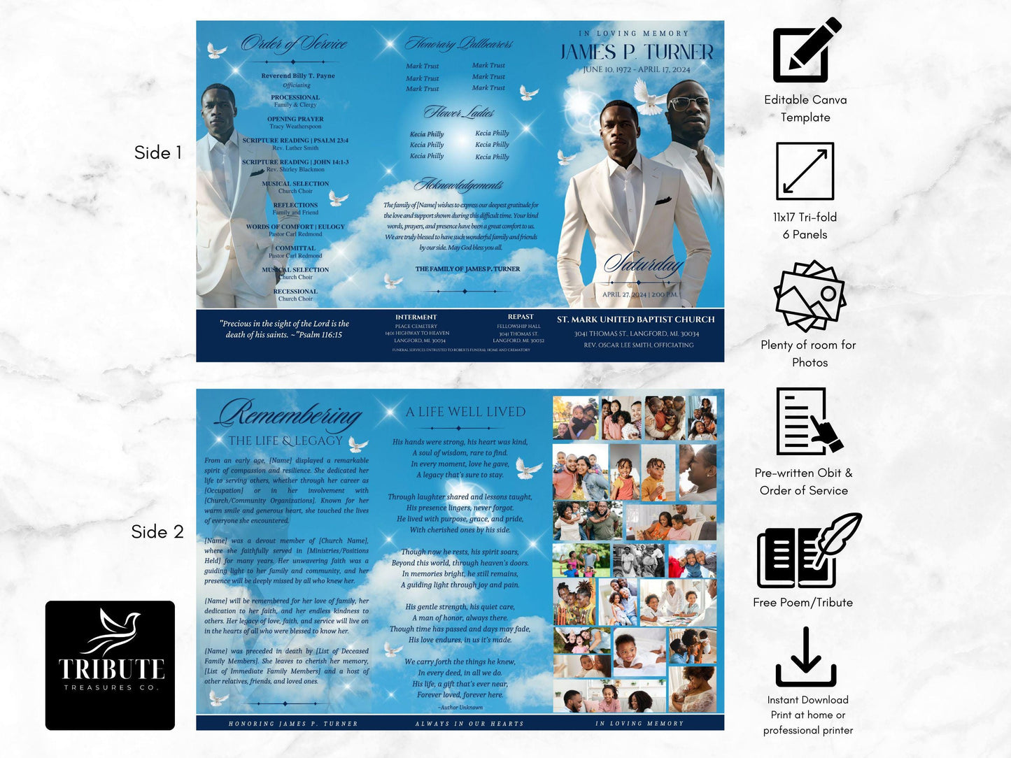 Funeral Program Template Blue Clouds| 17x11 TRIFOLD | Memorial Service| Obituary For Men | Editable Canva Template | Keepsake
