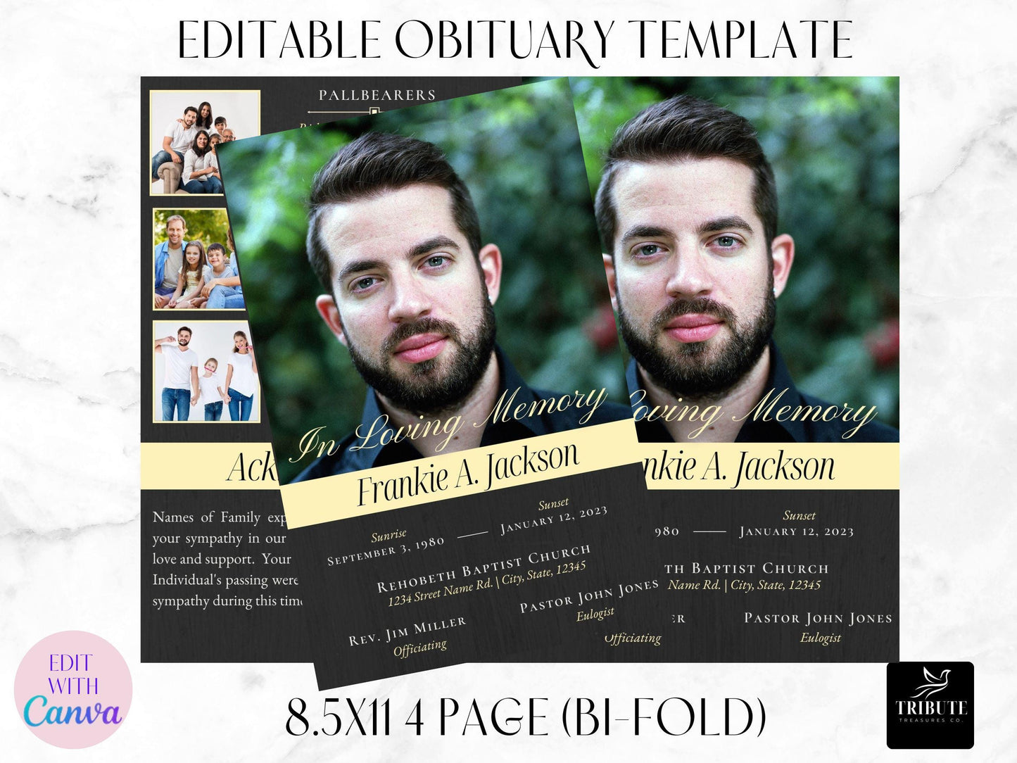4-Page | 8.5x11 Bi-fold Funeral Program Book Design | Simple Black| Obituary Book | Memorial Keepsake | Canva Template | #004