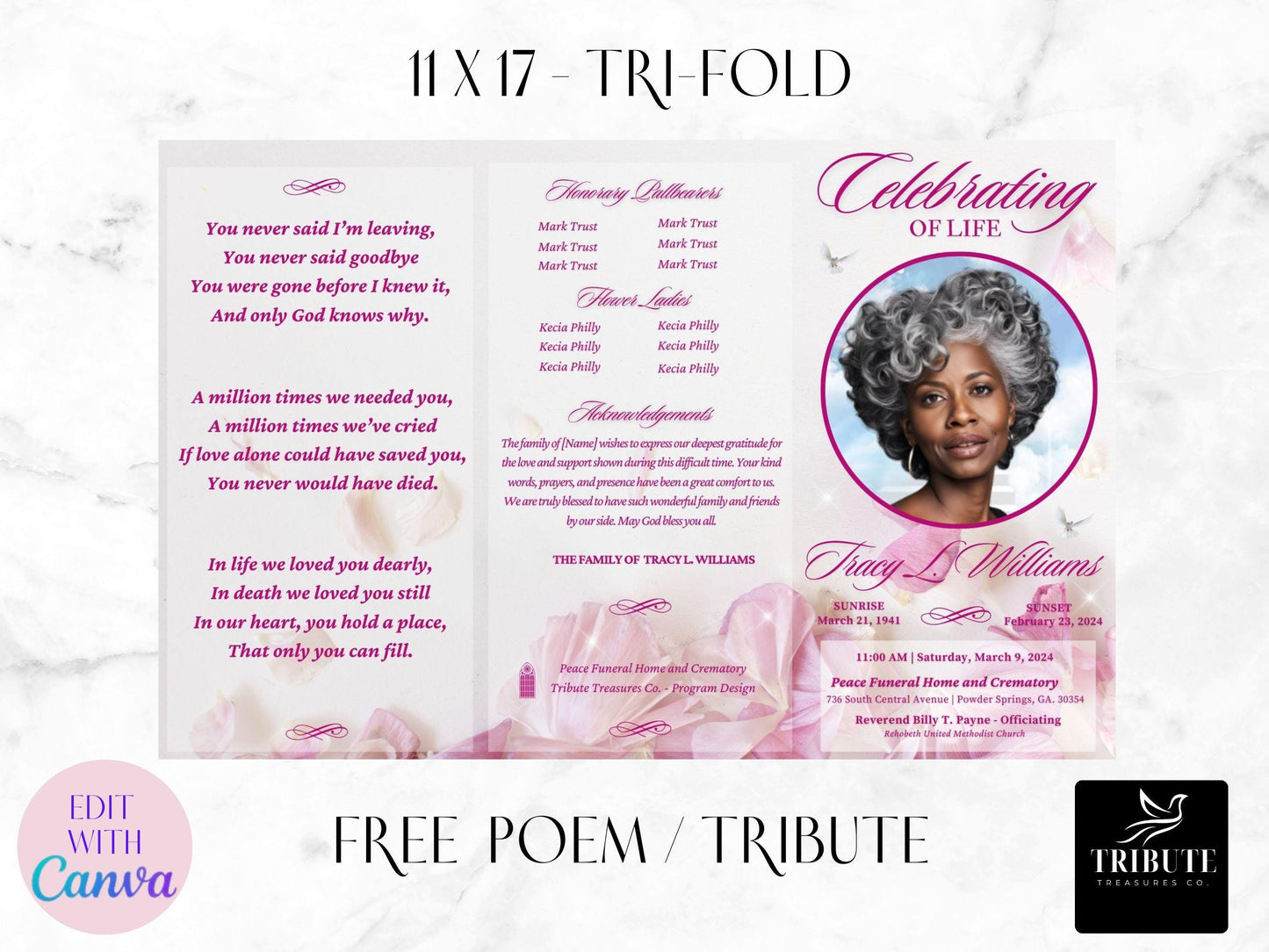Editable Funeral, Obituary Program Template - Beautiful Pink Flowers Memorial Program - Personalized Order of Service | 11X17 Trifold