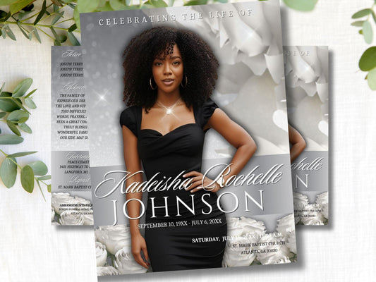 Celebrate Life with a Beautiful Silver and White Rose | Customizable Funeral Program | 11x17 (8-pages) Keepsake | Canva Template
