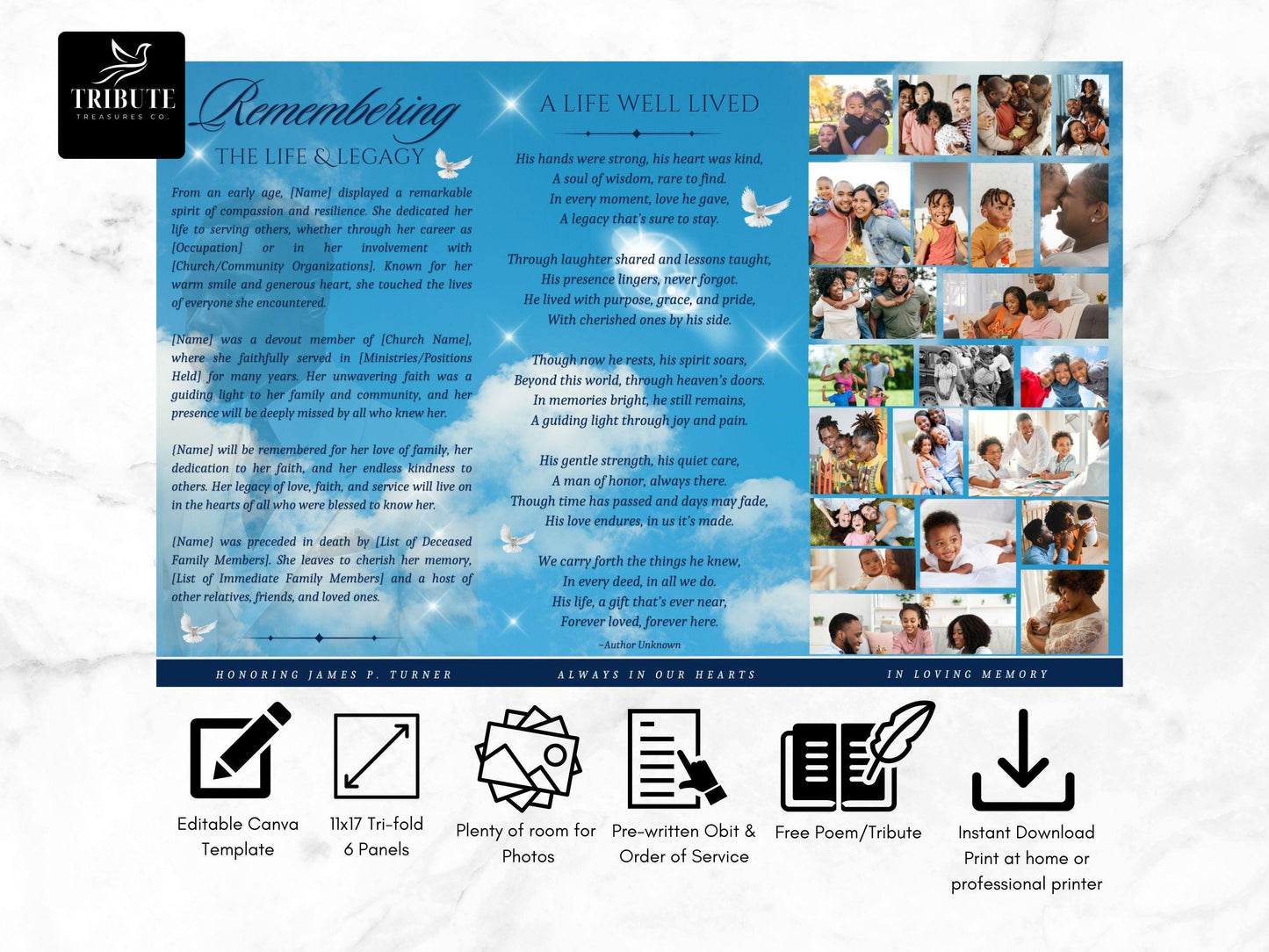 Funeral Program Template Blue Clouds| 17x11 TRIFOLD | Memorial Service| Obituary For Men | Editable Canva Template | Keepsake