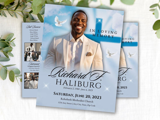 4-Page | 8.5x11 Bi-fold Funeral Program Book Design | Blue Clouds Cross Obituary | Obituary Book| Memorial Keepsake | Canva Template | #039