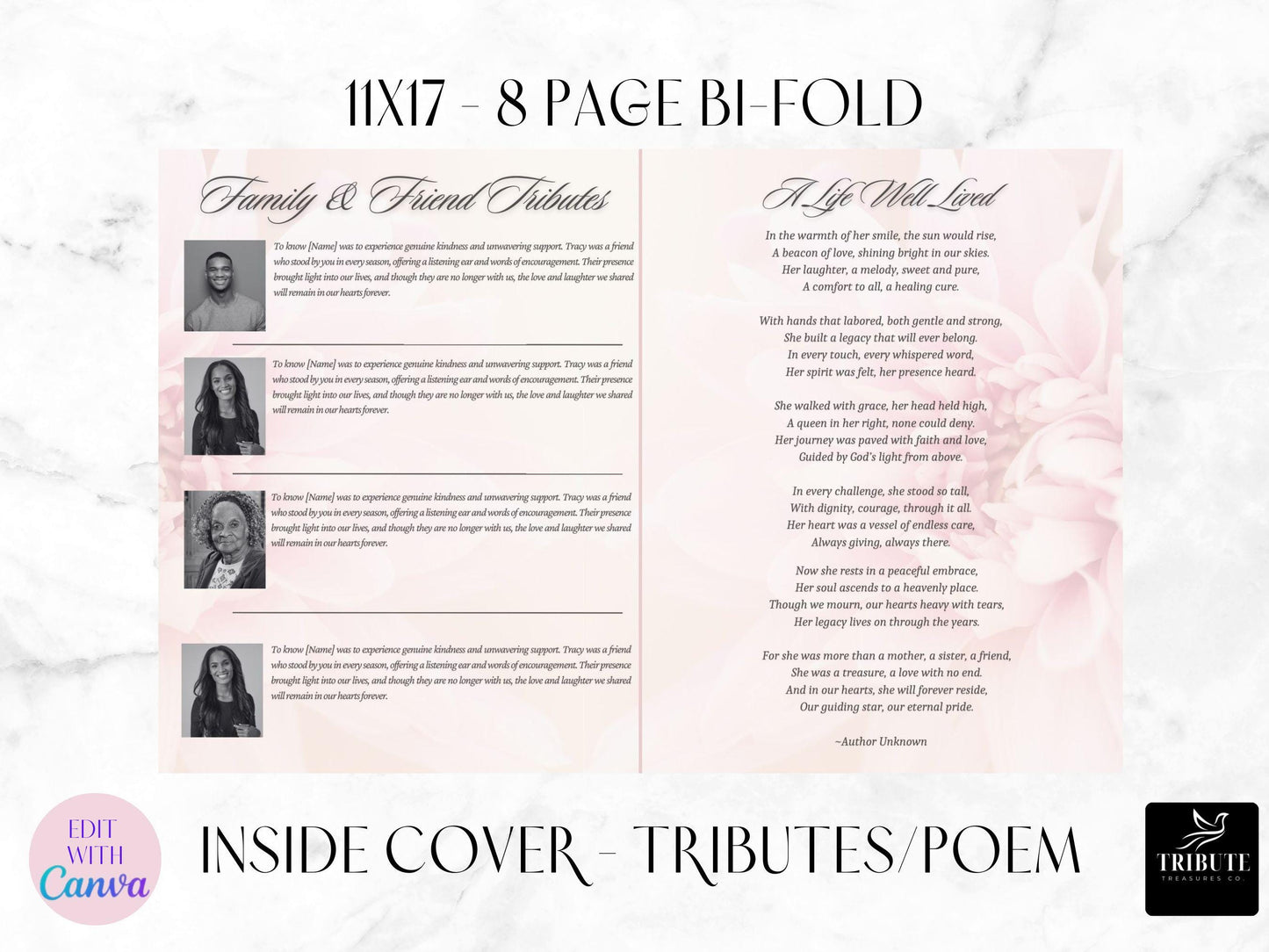 8-Page | 11X17 Bi-fold Funeral Program Book Design | Soft Pink | Obituary Book| Memorial Keepsake | Canva Template