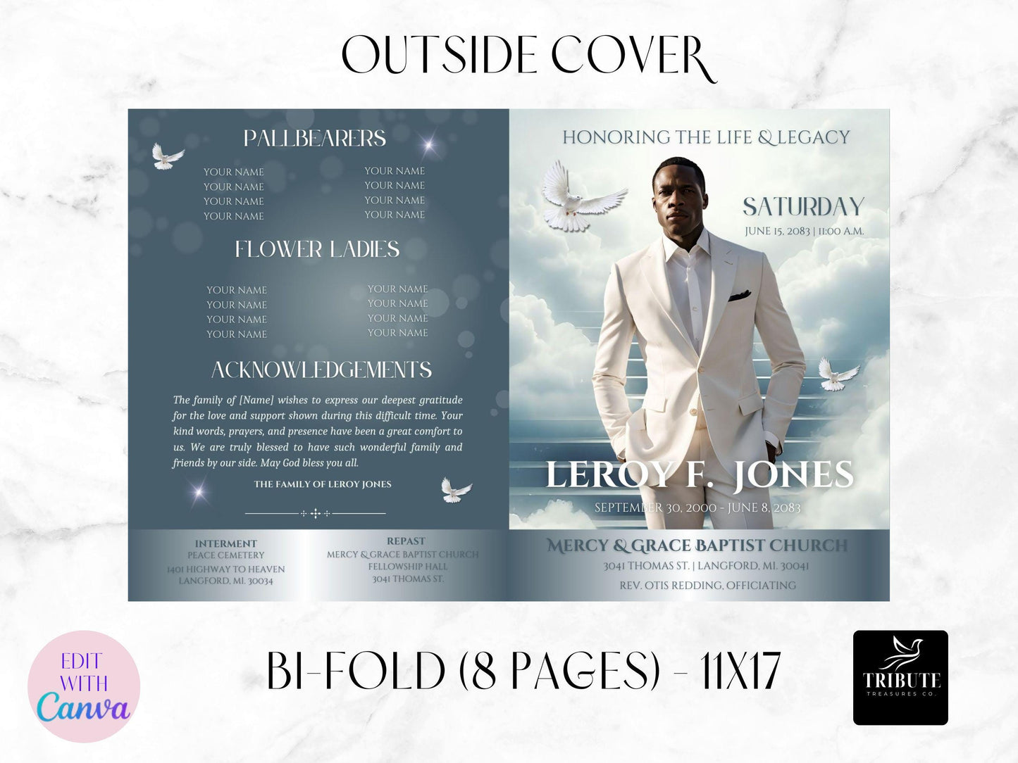 8-Page | 11X17 Bi-fold Funeral Program Book Design | Blue Silver Clouds Inspired | Obituary Book| Memorial Keepsake | Canva Template