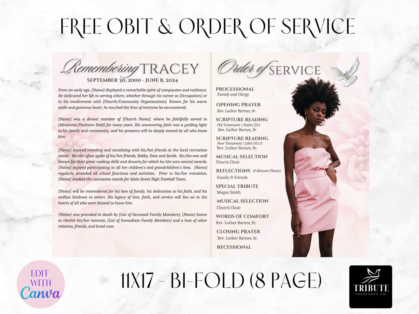 8-Page | 11X17 Bi-fold Funeral Program Book Design | Soft Pink | Obituary Book| Memorial Keepsake | Canva Template