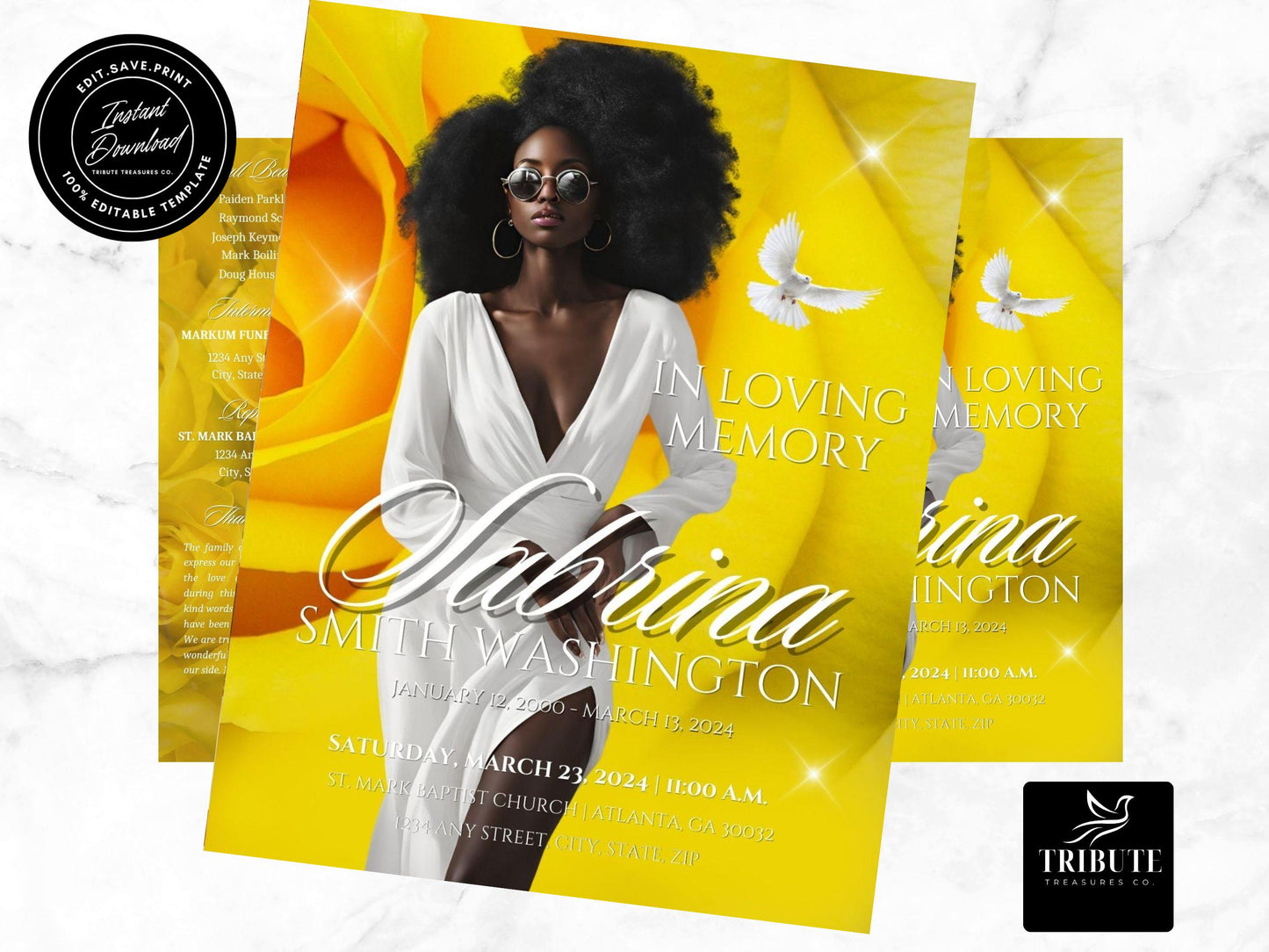 Editable Canva Funeral Program Template | Yellow Rose | 4-Page 11X17 Bi-fold | Memorial Keepsake | Rest in Peace | Canva Template