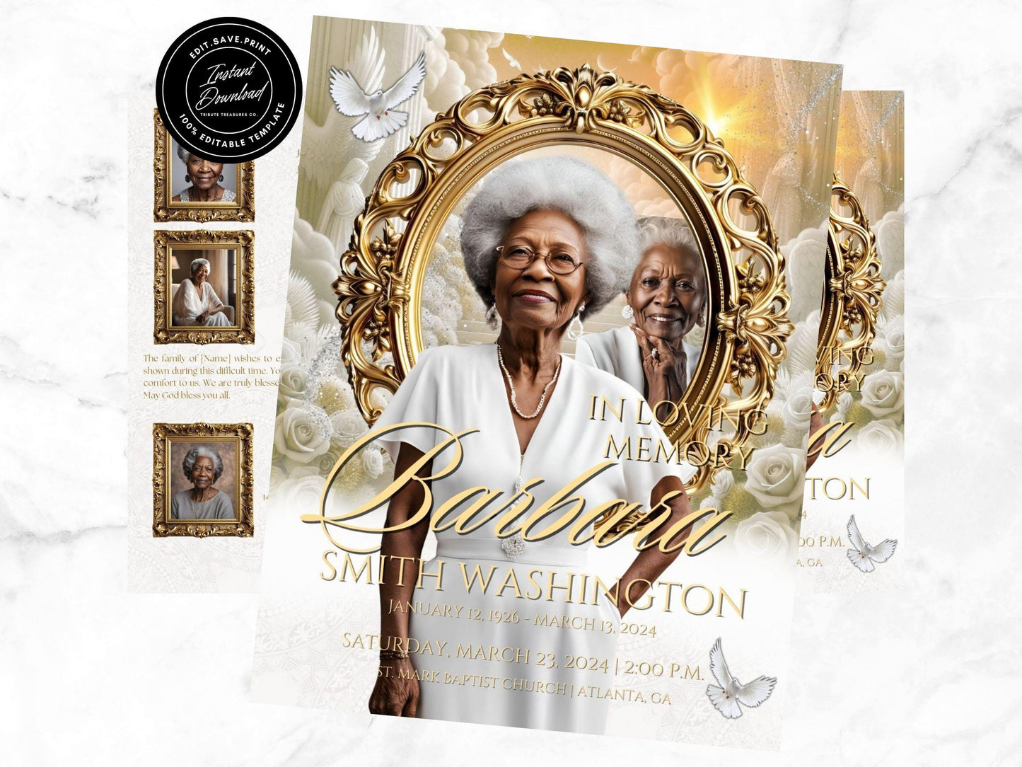 Obituary Template | Funeral Program | 11x17 (12-Page) Bi-fold Booklet | White and Gold Inspired | Memorial Program | Canva Template | #042