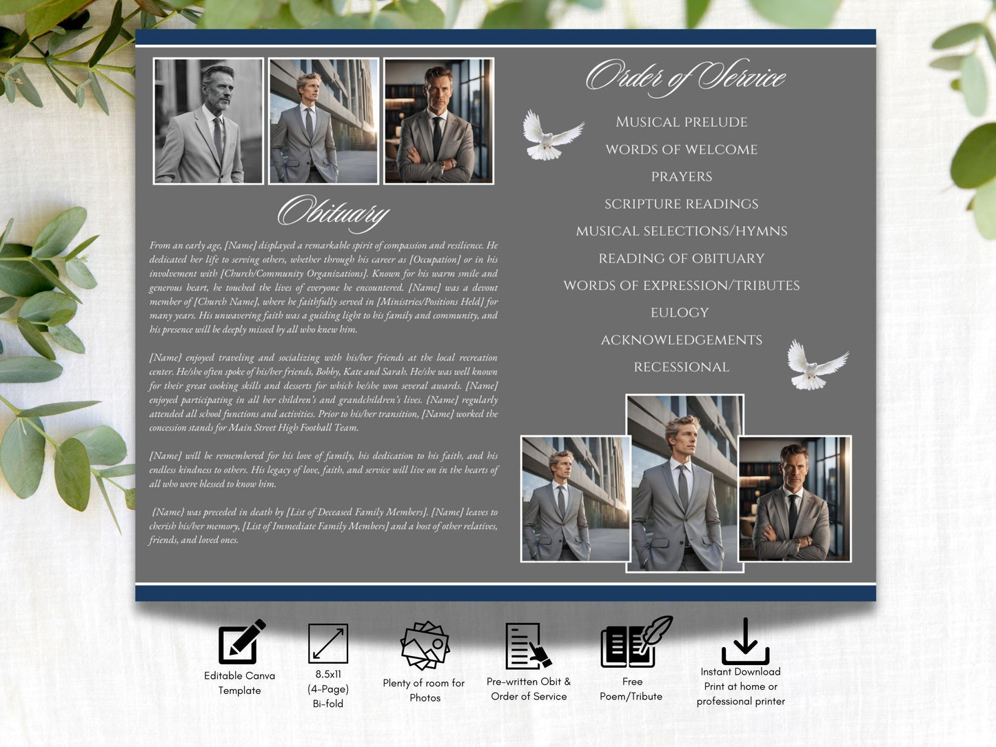4-Page | 8.5x11 Bi-fold Funeral Program Book Design | Grey and Blue Obit Template | Obituary Book| Memorial Keepsake | Canva Template | #082