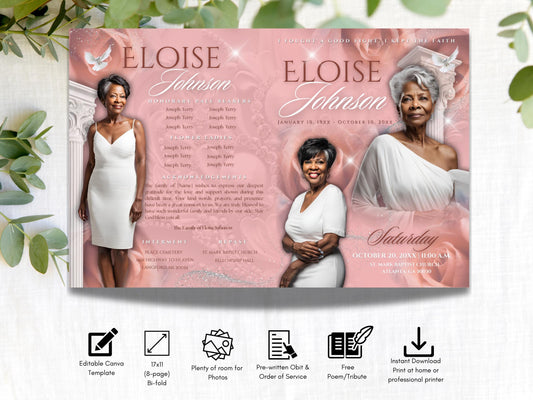 Celebrate Life with an Elegant Pink Rose Obituary Template | Customizable Funeral Program | 11x17 (8-pages) Keepsake | Canva Template #084