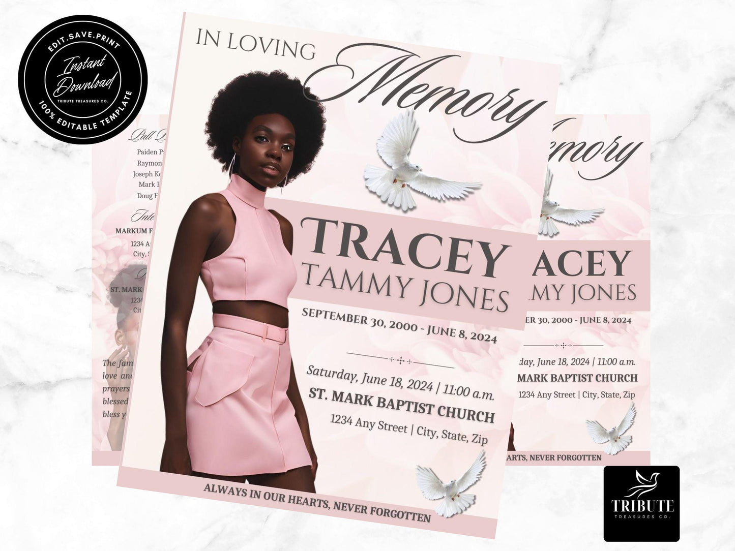 8-Page | 11X17 Bi-fold Funeral Program Book Design | Soft Pink | Obituary Book| Memorial Keepsake | Canva Template