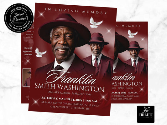 Editable Canva Funeral Program Template | Burgundy Rose | 4-Page 11X17 Bi-fold | Memorial Keepsake | Rest in Peace | Canva Template | #055
