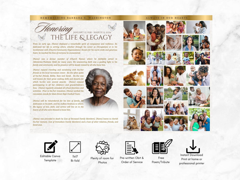 Obituary Template | Funeral Program | 11x17 (12-Page) Bi-fold Booklet ...
