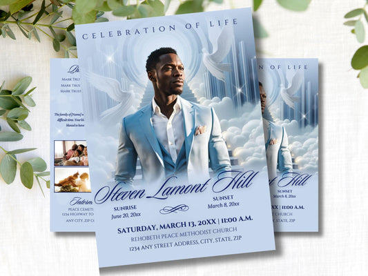 4-Page | 8.5x11 Bi-fold Funeral Program Book Design | Light Blue Clouds | Obituary Book| Memorial Keepsake | Canva Template | #088