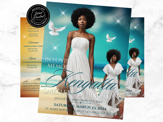 Editable Canva Funeral Program Template | Beach Theme | 4-Page 11X17 Bi-fold | Memorial Keepsake | Rest in Peace | Canva Template