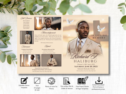 4-Page | 11x17 Bi-fold Funeral Program Book Design | The Cross Obituary | Obituary Book| Memorial Keepsake | Canva Template | #043