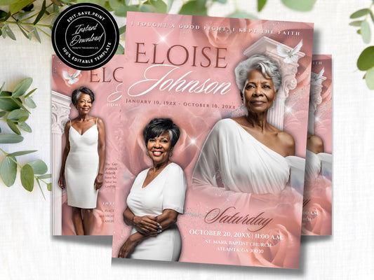 Celebrate Life with an Elegant Pink Rose Obituary Template | Customizable Funeral Program | 11x17 (8-pages) Keepsake | Canva Template #084