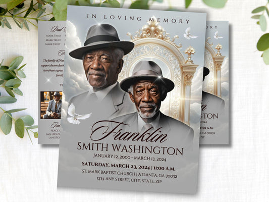 Editable Canva Funeral Program Template | Grey Heaven's Gate | 4-Page 11X17 Bi-fold | Memorial Keepsake | | Canva Template | #060