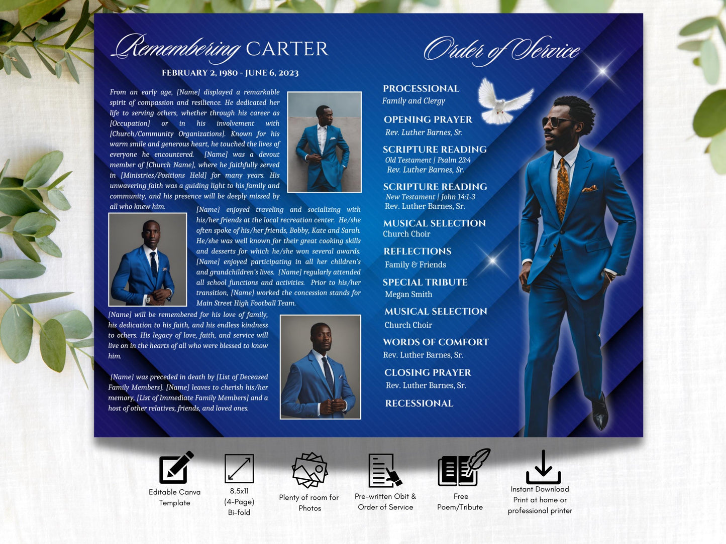 4-Page | 5.5"x8.5" Bi-fold Funeral Program Book Design | Blue themed Obituary | Obituary Book| Memorial Keepsake | Canva Template