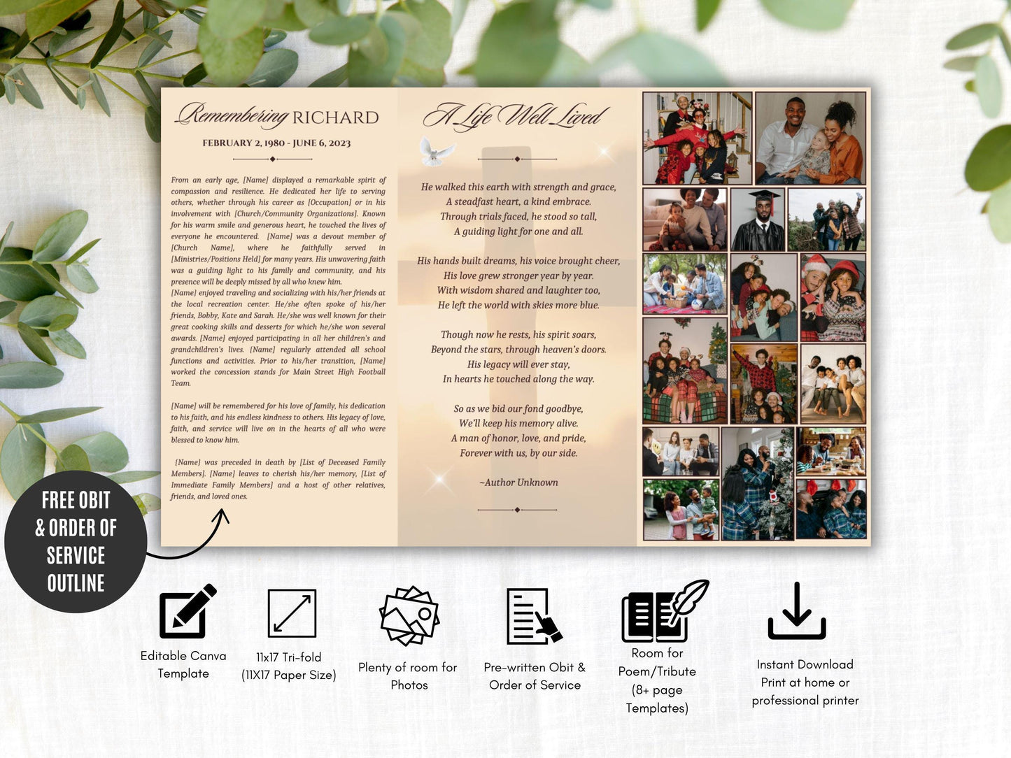 Funeral Program Template The Cross | 17x11 TRIFOLD | Memorial Service| Obituary For Men | Editable Canva Template | Keepsake