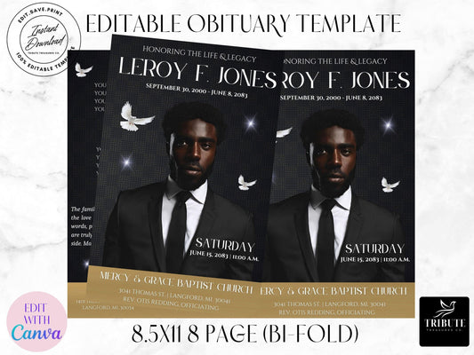 8-Page | 8.5x11 Bi-fold Funeral Program Book Design | Gold and Black| Obituary Book | Memorial Keepsake | Canva Template | #005