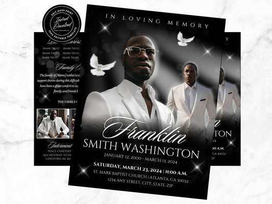 4-Page 8.5"x11" | Bi-fold Editable Canva Funeral Program Booklet | Black and White | Memorial Keepsake | Rest in Peace | Canva Template | #023