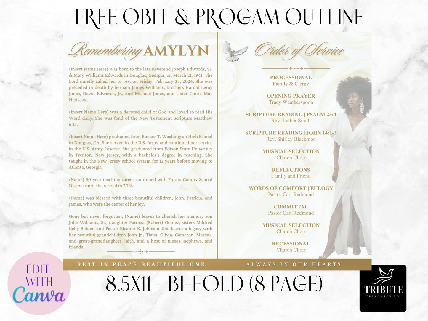 Editable Canva Funeral Program Template | White and Gold | 8-Page 8.5x11 Bi-fold | Memorial Keepsake | Rest in Peace | Canva Template