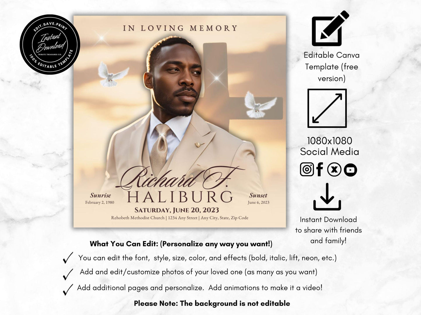 Customizable Funeral Announcement Template | Canva Editable | Instant Download | Memorial Service Invitation | The Cross