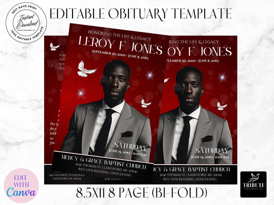 8-Page | 8.5x11 Bi-fold Funeral Program Book Design | Red and Black| Obituary Book | Memorial Keepsake | Canva Template