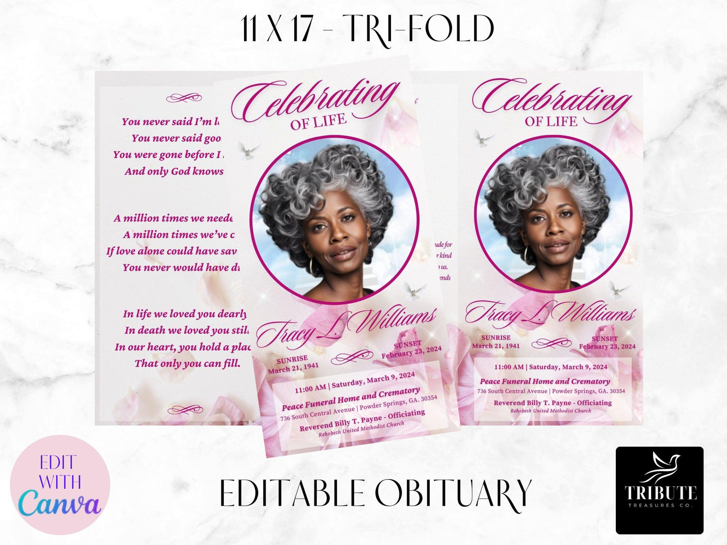 Editable Funeral, Obituary Program Template - Beautiful Pink Flowers Memorial Program - Personalized Order of Service | 11X17 Trifold