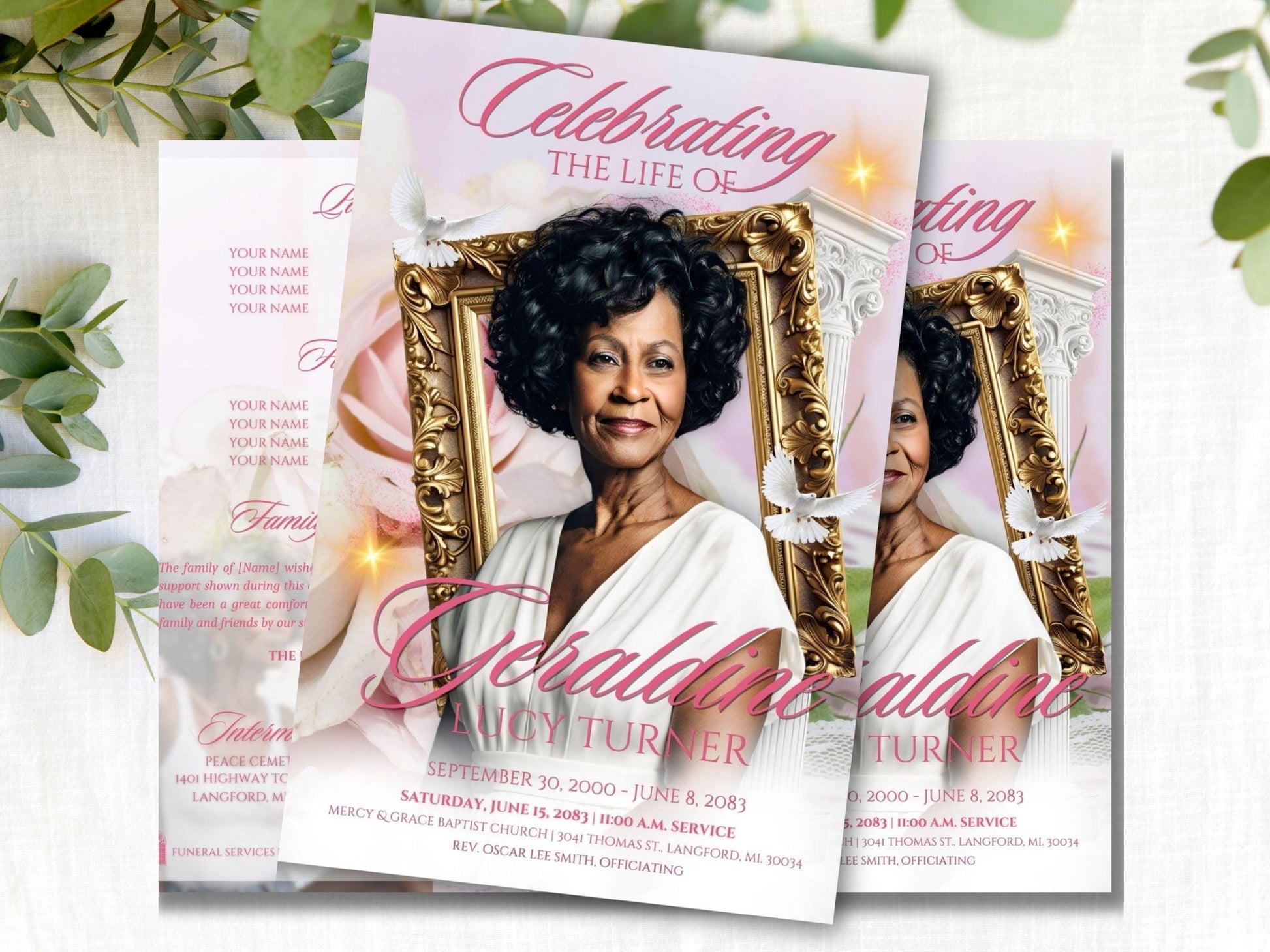 8-Page | Large 8.5x11 Bi-fold Funeral Program Book Design | Pink Rose Inspired | Obituary Book| Memorial Keepsake | Canva Template
