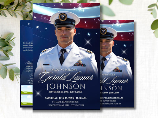5.5x8.5 4pg | Editable Military Veteran Obituary CanvaTemplate | Patriotic Celebration of Life Funeral Program Brochure for Memorial Service
