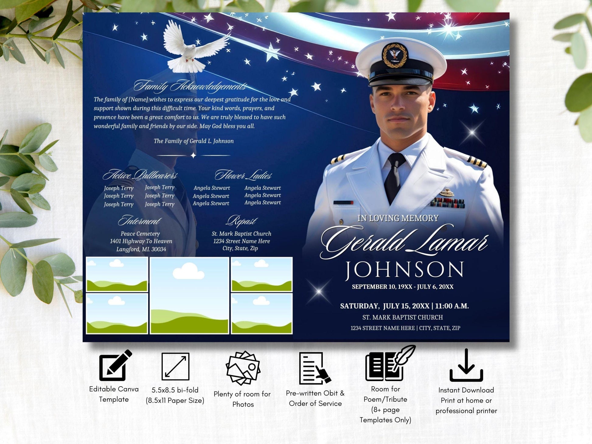 5.5x8.5 4pg | Editable Military Veteran Obituary CanvaTemplate | Patriotic Celebration of Life Funeral Program Brochure for Memorial Service