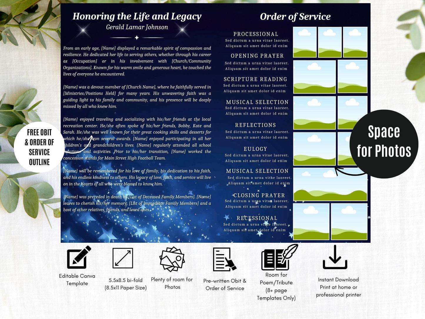5.5x8.5 4pg | Editable Military Veteran Obituary CanvaTemplate | Patriotic Celebration of Life Funeral Program Brochure for Memorial Service