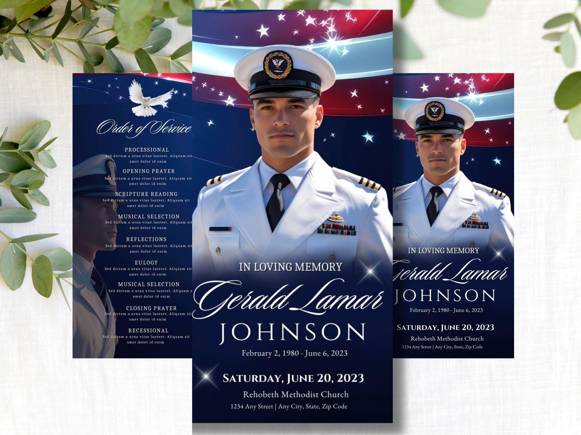 Tri-fold | Editable Military Veteran Obituary Canva Template | Patriotic Celebration of Life Funeral Program Brochure for Memorial Service