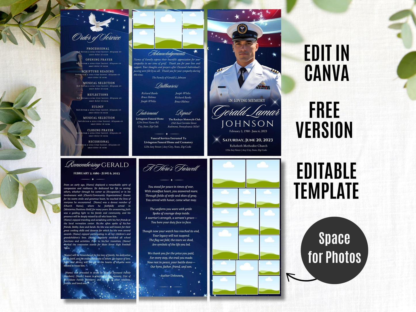 Tri-fold | Editable Military Veteran Obituary Canva Template | Patriotic Celebration of Life Funeral Program Brochure for Memorial Service
