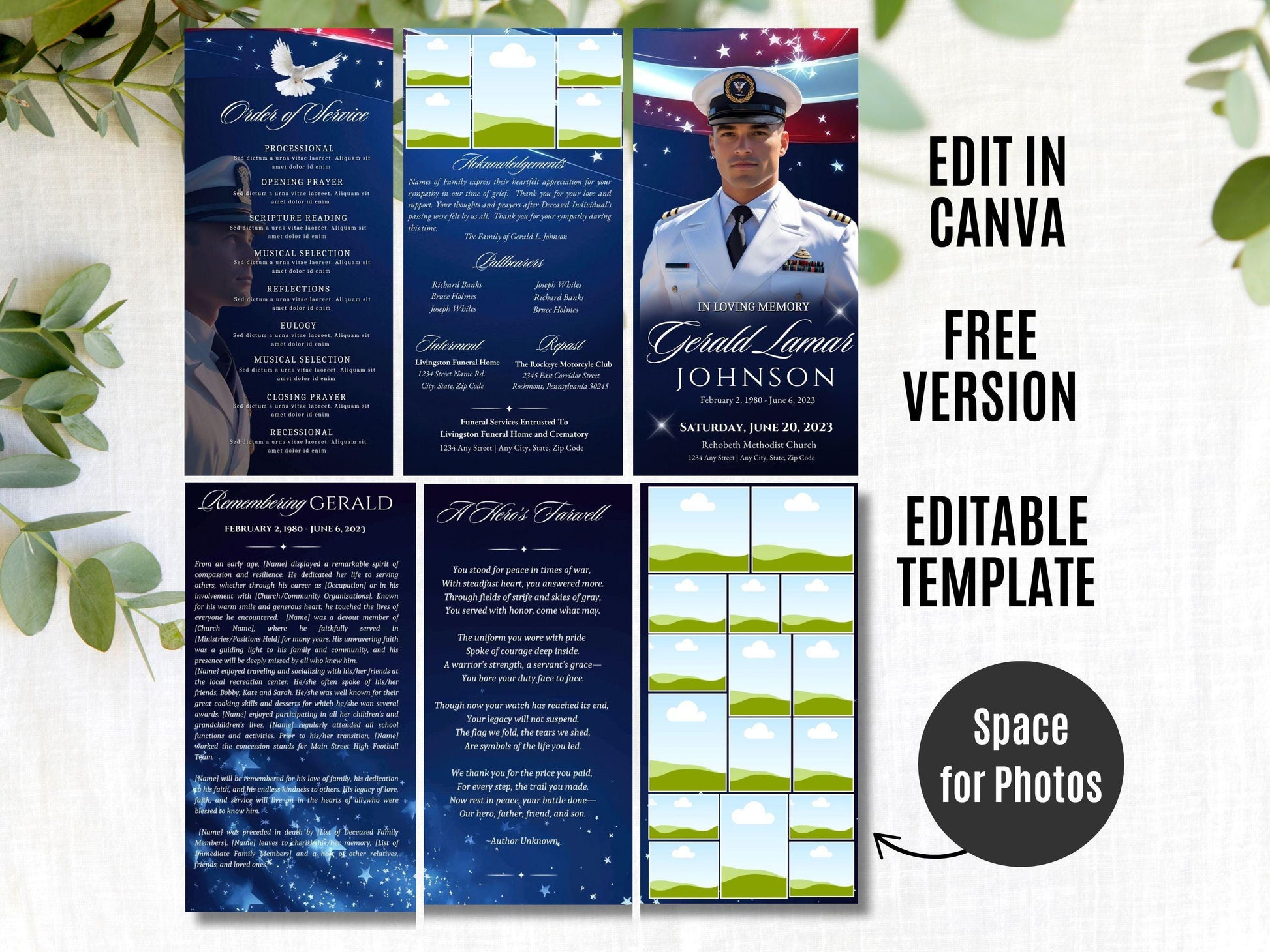 Tri-fold | Editable Military Veteran Obituary Canva Template | Patriotic Celebration of Life Funeral Program Brochure for Memorial Service