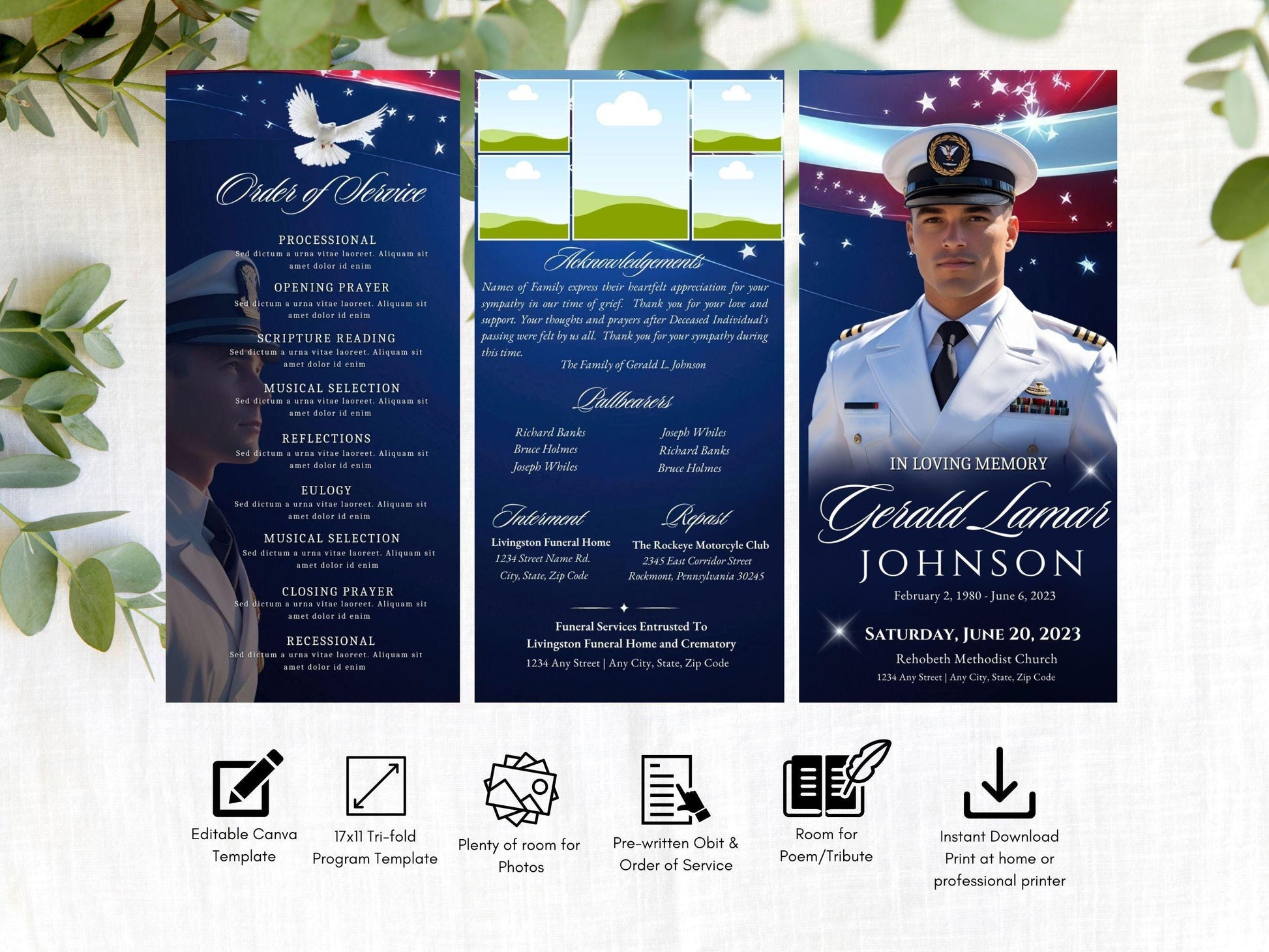Tri-fold | Editable Military Veteran Obituary Canva Template | Patriotic Celebration of Life Funeral Program Brochure for Memorial Service