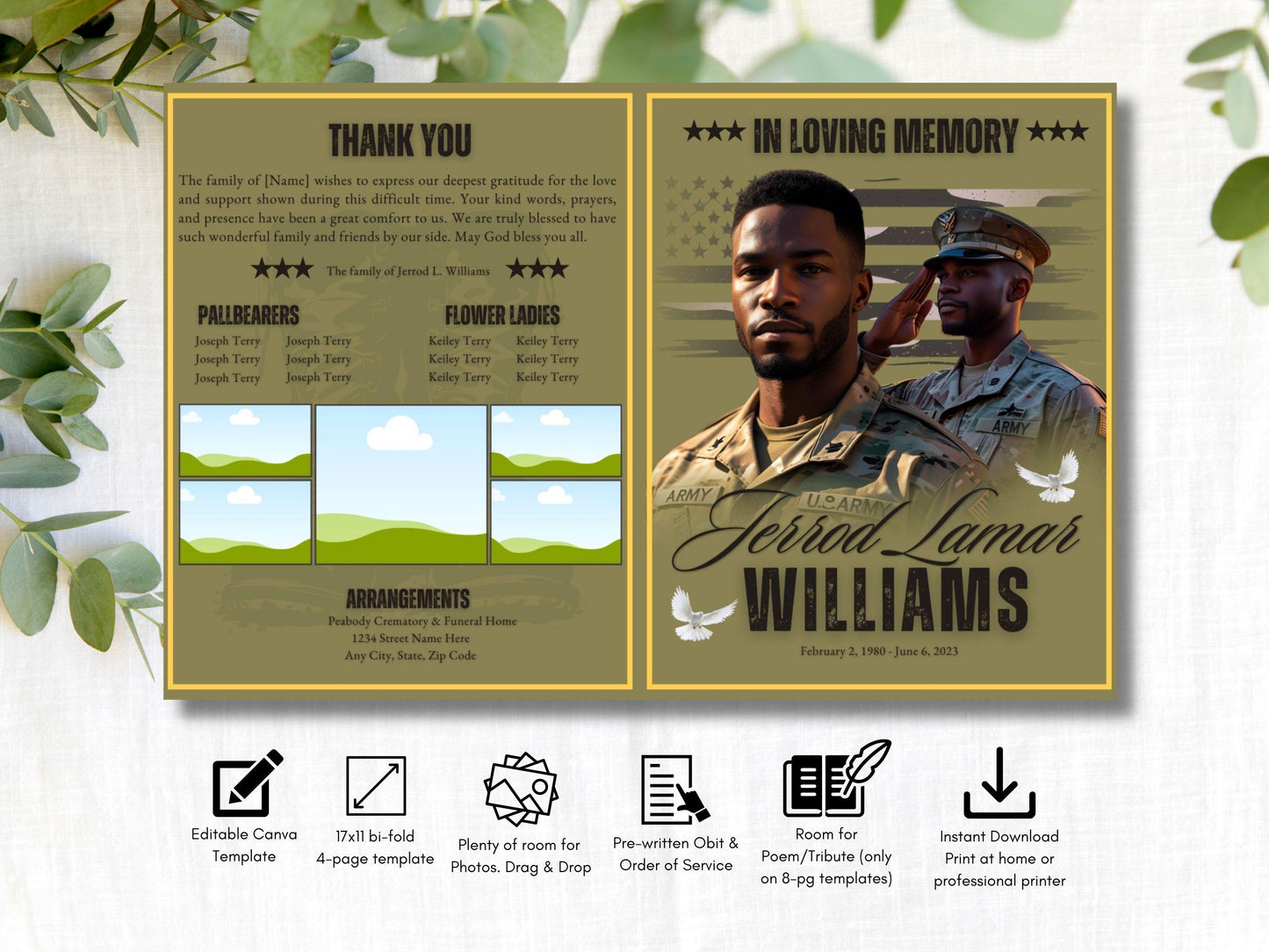4pg Bi-fold | Editable Military Veteran Obituary CanvaTemplate | Patriotic Celebration of Life Funeral Program Brochure for Memorial Service